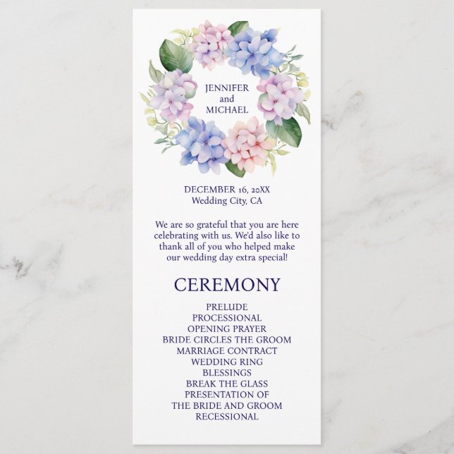 Programa de Boda de Flores de Primavera Hydrangeas (Anverso)