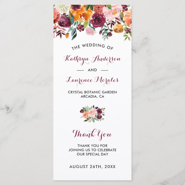 Programa de Boda de Flores Rosa Naranja Borgoña (Anverso)