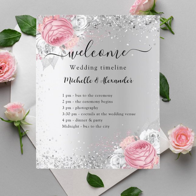 Programa de boda de flores rosadas plateadas (Subido por el creador)