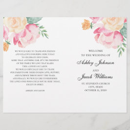 Programa de boda de flores rosadas y durazno dobla