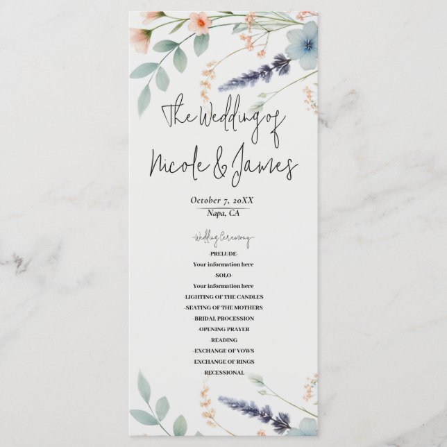 Programa de Boda de Flores Silvestres de Flora Acu (Anverso)