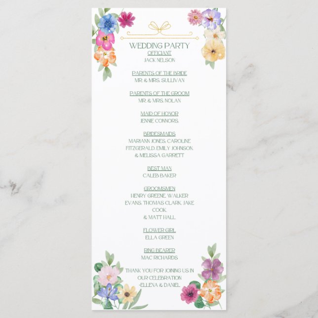 Programa de boda de flores silvestres florales de  (Reverso)