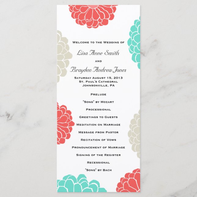 Programa de Boda de Flores Turquesa y Coral Zinnia (Anverso)