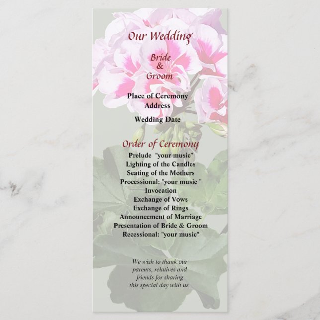Programa de Boda de Geranio Rosa y Rojo (Anverso)