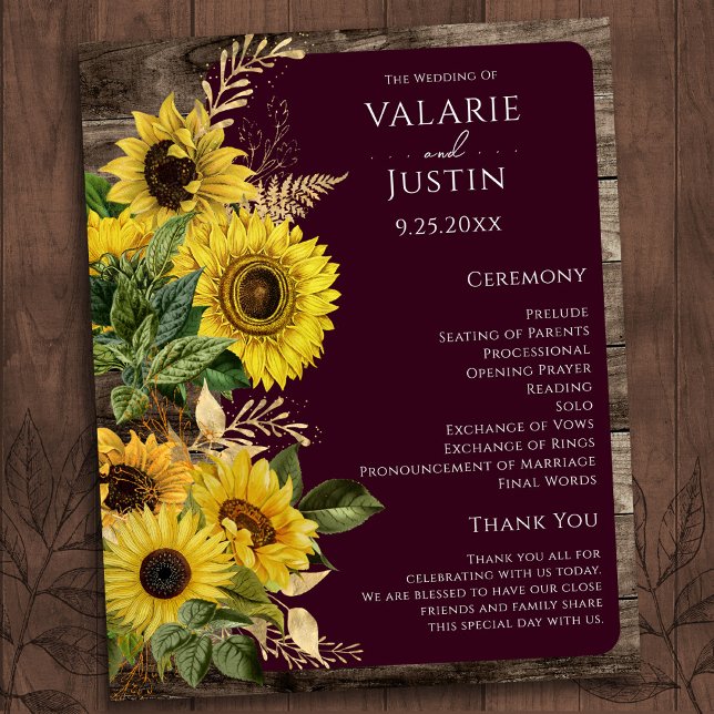Programa de Boda de Girasol de Madera Rústica Pres (Subido por el creador)