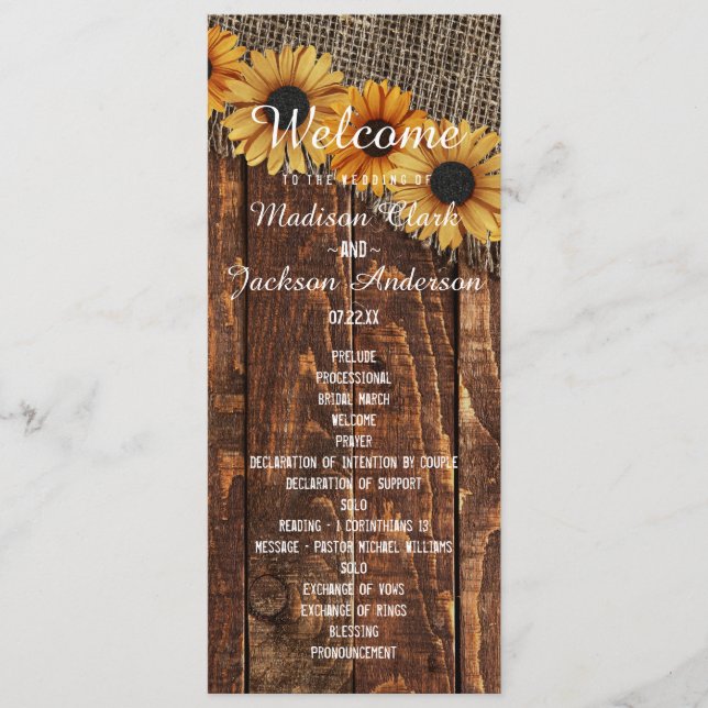 Programa de Boda de Girasoles con Madera Rústica y (Anverso)