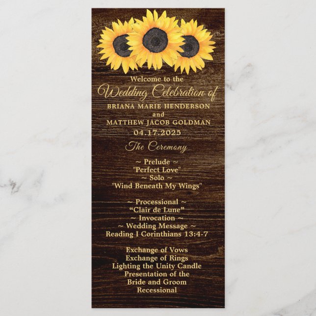 Programa de Boda de Girasoles en Floral de Madera  (Anverso)