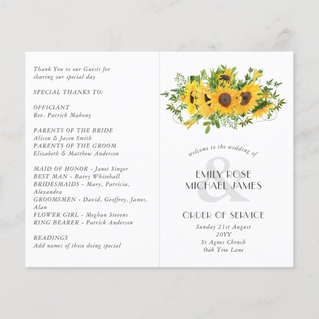 Programa de boda de girasoles u otro Personalizado (Anverso)