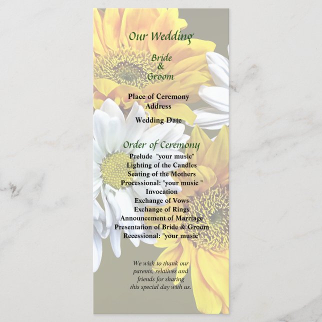 Programa de boda de girasoles y mareas (Anverso)