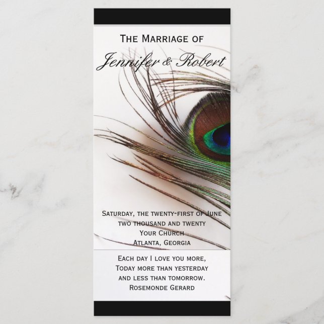 Programa de Boda de Glamour de pluma de pavo real (Anverso)