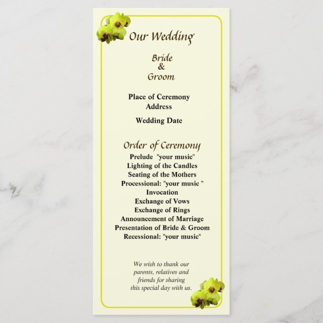Programa de Boda de Grupo de orquídeas amarillas (Anverso)