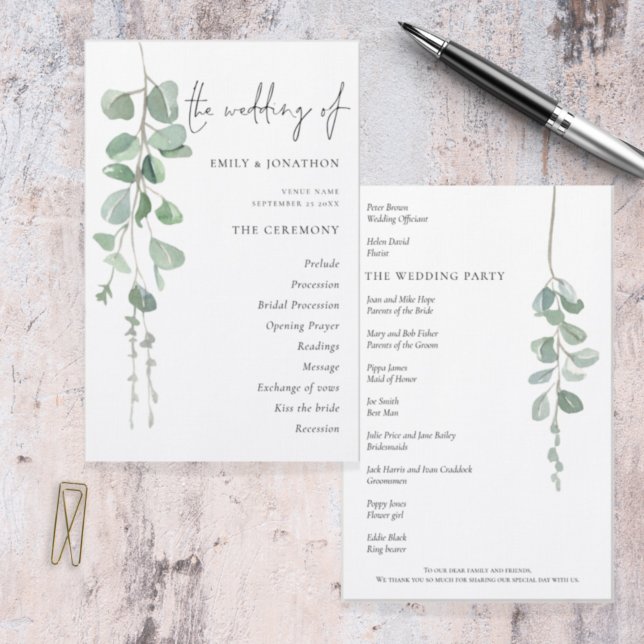 Programa de Boda de Guión de Eucalipto de Presupue (Front and back view)