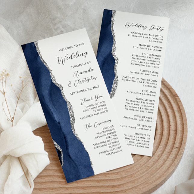 Programa de Boda de Guión Navy Blue Silver Agate (Subido por el creador)