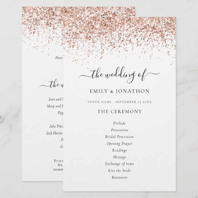 Programa de Boda de Guión Rosa de Oro Purpurina de (Anverso / Reverso)