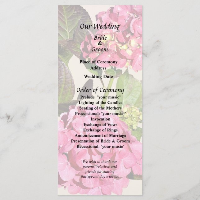Programa De Boda De Hidrangea Rosa Con Hojas (Anverso)