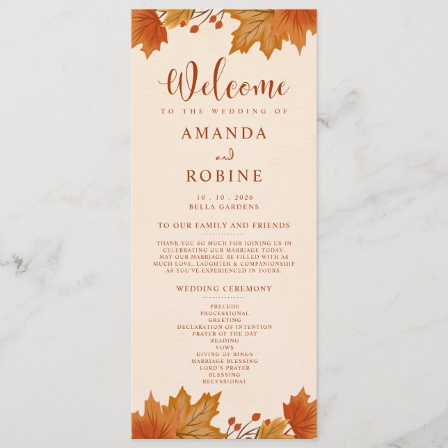 Programa de Boda de Hojas de Arce Otoño Elegante (Anverso)