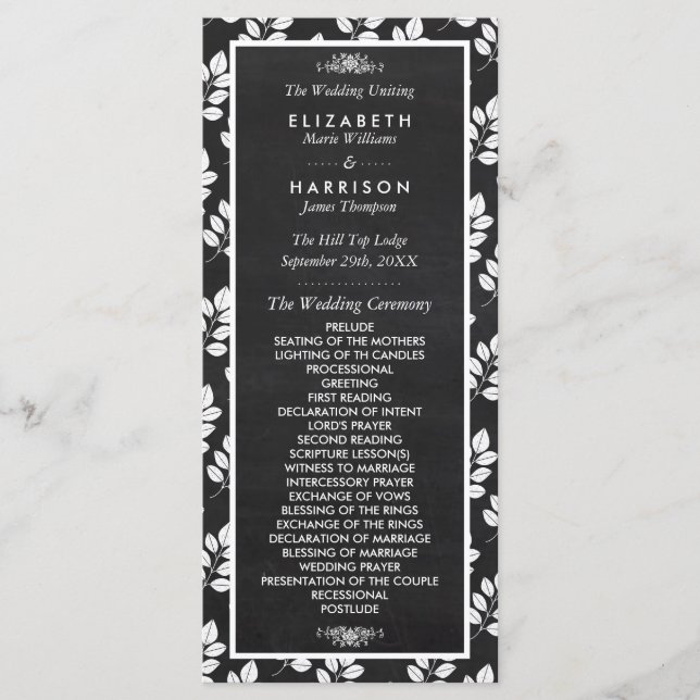 Programa de Boda de Hojas Florales de Chalkboard (Anverso)