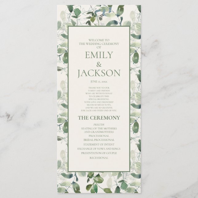 Programa de Boda de Hojas Verdes Salvia y Crema (Anverso)