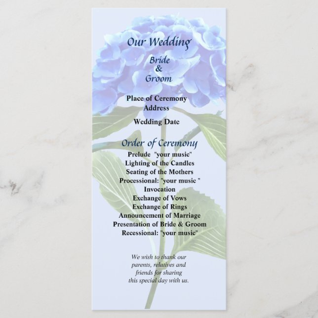 Programa de Boda de Hortensia Azul Intenso (Anverso)