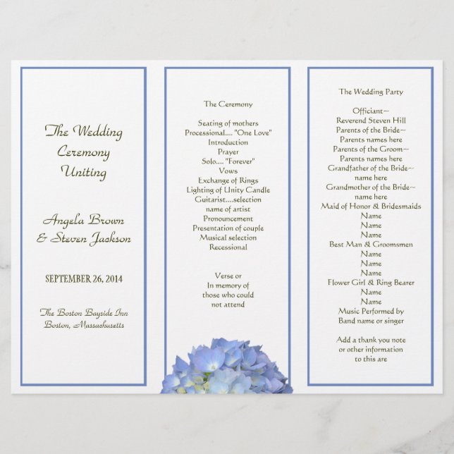 Programa de boda de hortensia azul tripartito (Anverso)