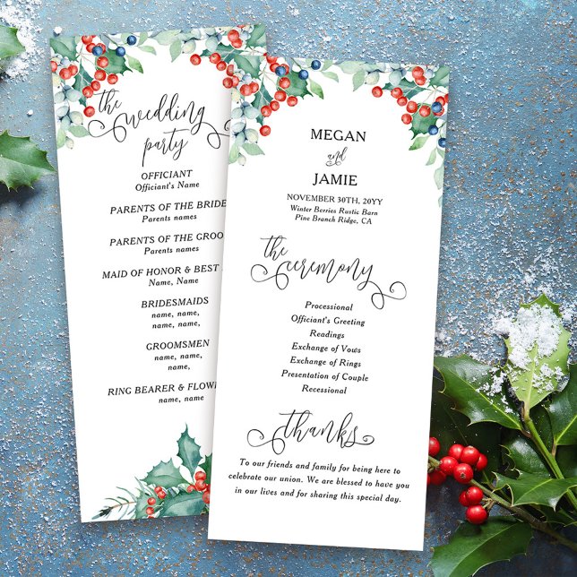 Programa de Boda de Invierno con Texto Elegante y  (Winter Wedding Program with elegant calligraphy, holly and winter berries)