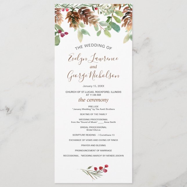 Programa de Boda de Invierno de Pine Red Berry (Anverso)