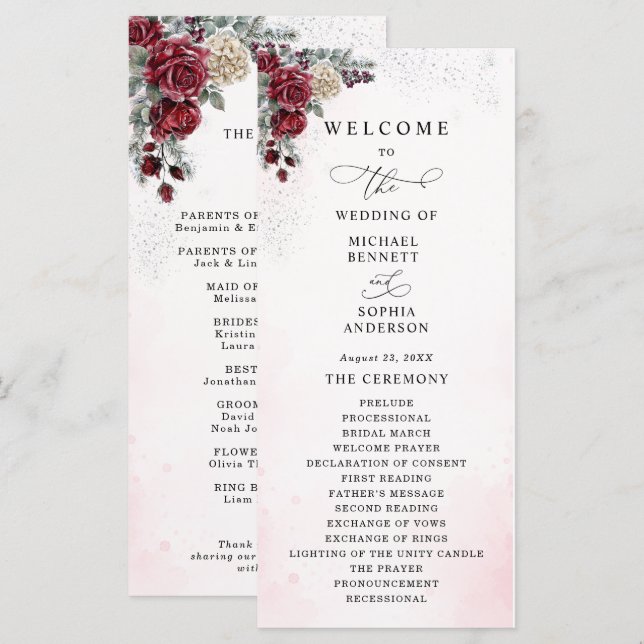 Programa de Boda de Invierno de Rosas Heladas (Anverso / Reverso)