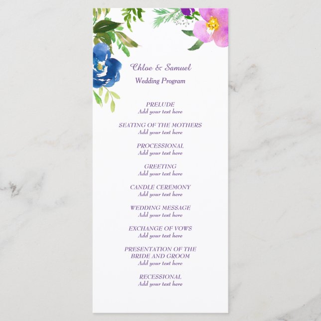 Programa de Boda de Jardín Azul Violeta (Anverso)