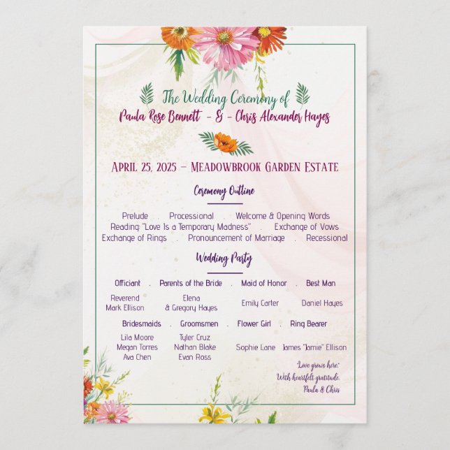 Programa de Boda de Jardín de Flores Silvestres El (Anverso)