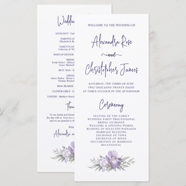 Programa de Boda de Jardín de Iris con Acuarela Ro (Anverso / Reverso)