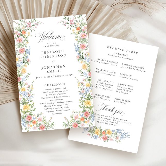 Programa de Boda de Jardín de la Primavera del Pas (Soft Pastel Ornate Spring Wildflower Garden Wedding Program )