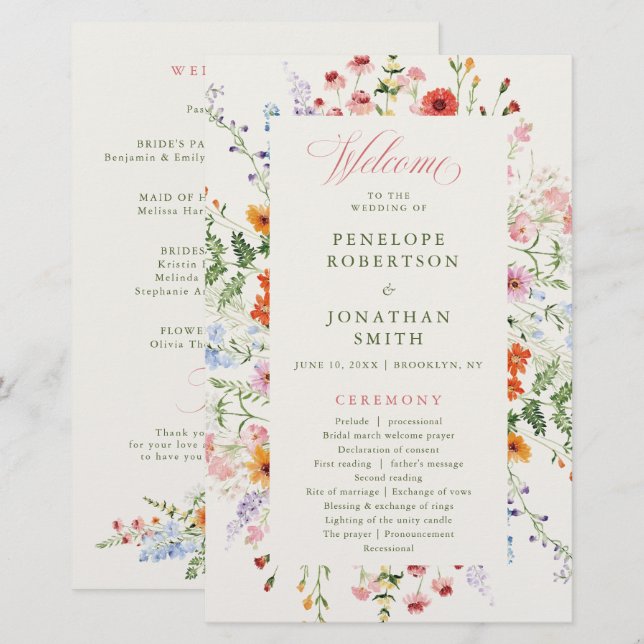Programa de Boda de Jardín de Pradera Primaveral d (Anverso / Reverso)
