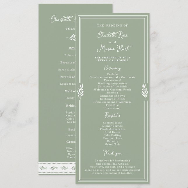 Programa de Boda de Jardín en Verde Salvia Oliva D (Anverso / Reverso)
