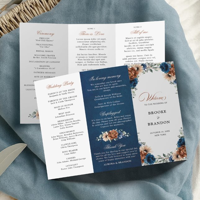 Programa de Boda de la Marina de Terracota (Terracotta Navy Blue Greenery Wedding  Tri fold Program)