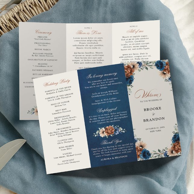 Programa de Boda de la Marina de Terracota (Terracotta Navy Blue Greenery Wedding tri-fold Program card)