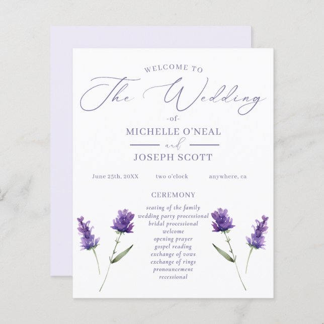 Programa de Boda de Lavanda Bliss Elegant Watercol (Anverso / Reverso)