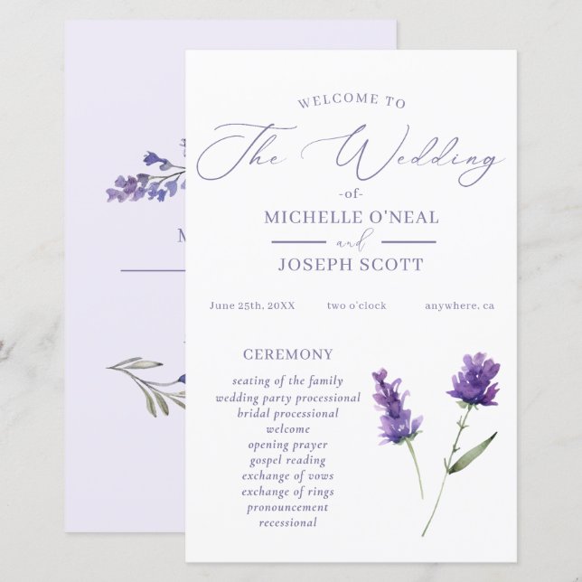 Programa de Boda de Lavanda Bliss Elegant Watercol (Anverso / Reverso)