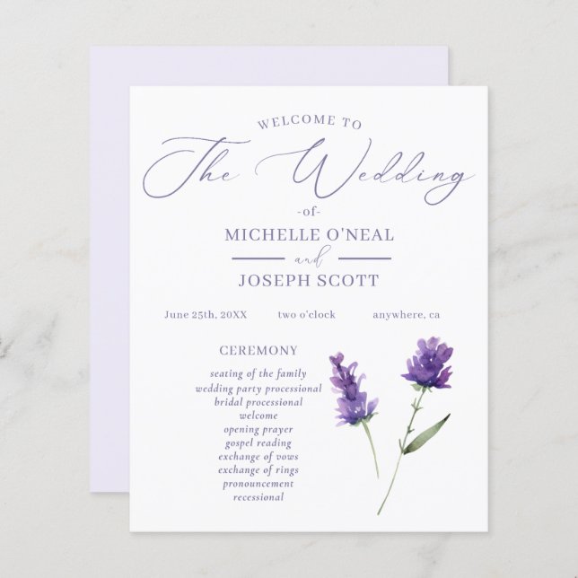 Programa de Boda de Lavanda Bliss Elegant Watercol (Anverso / Reverso)