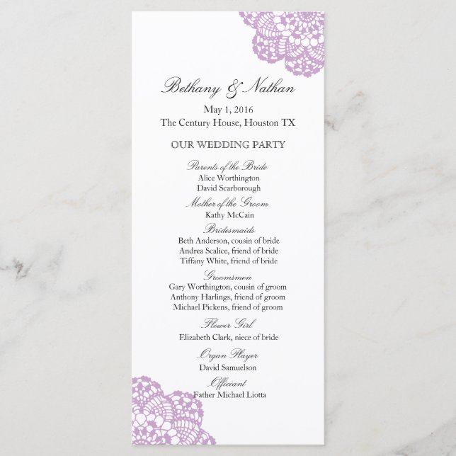 Programa de Boda de Lilac Purple Lace Doily (Anverso)