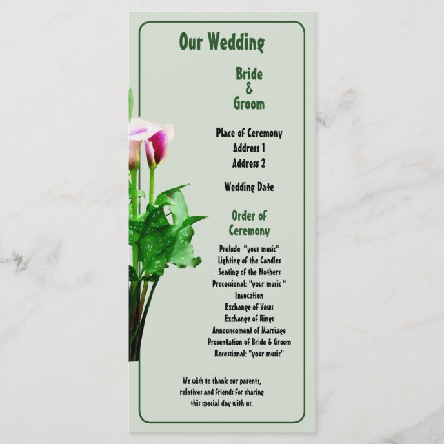 Programa de Boda de Lirios de Calla Rosados y Blan (Anverso)