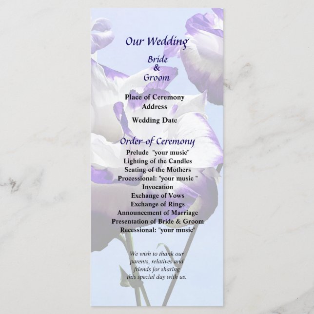 Programa de Boda de Lisianthus Purpura y Blanco (Anverso)