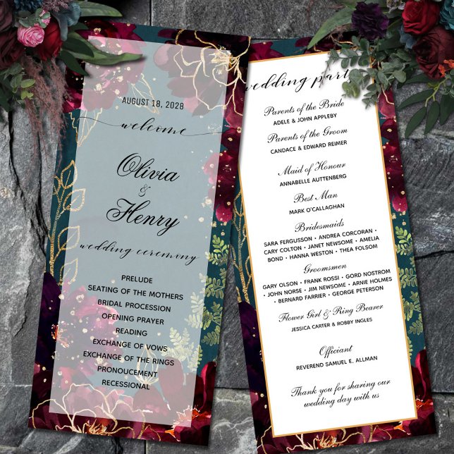 Programa de Boda de los Tonos Joyales de Burdeos v (Teal Bordeaux Jewel Tone Wedding Program double-sided)