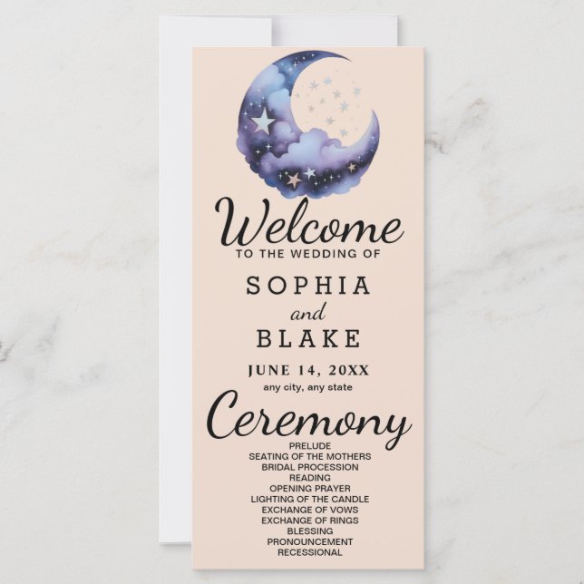 Programa de Boda de Luna Creciente Azul y Negra (Anverso)