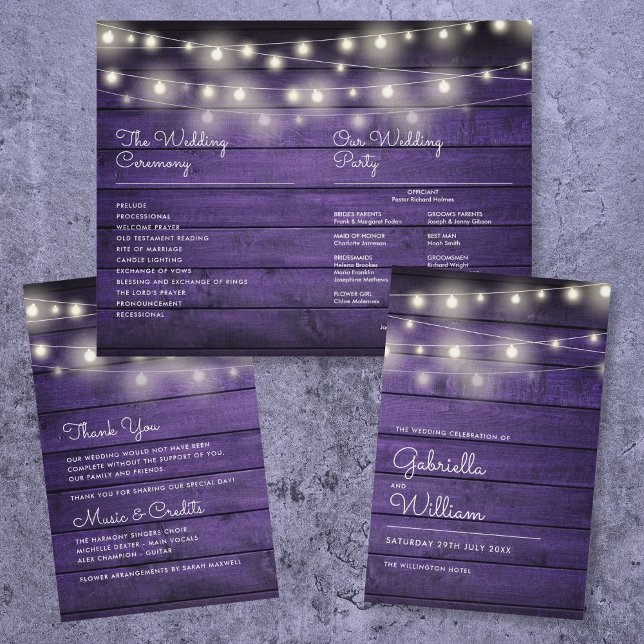 Programa de Boda de Madera Púrpura (String Lights Purple Wood Wedding Program)
