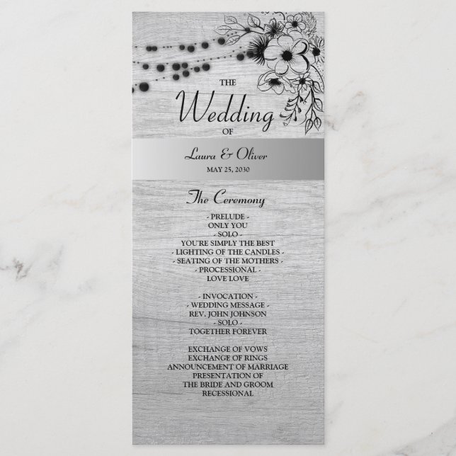 Programa de Boda de Madera Rústica en Blanco y Neg (Anverso)
