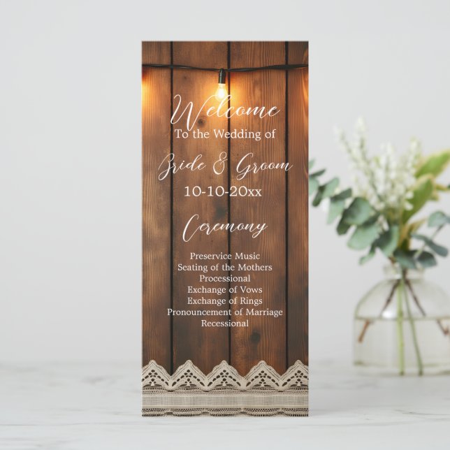 Programa de Boda de Madera Rústica y Encaje (Anverso de pie)