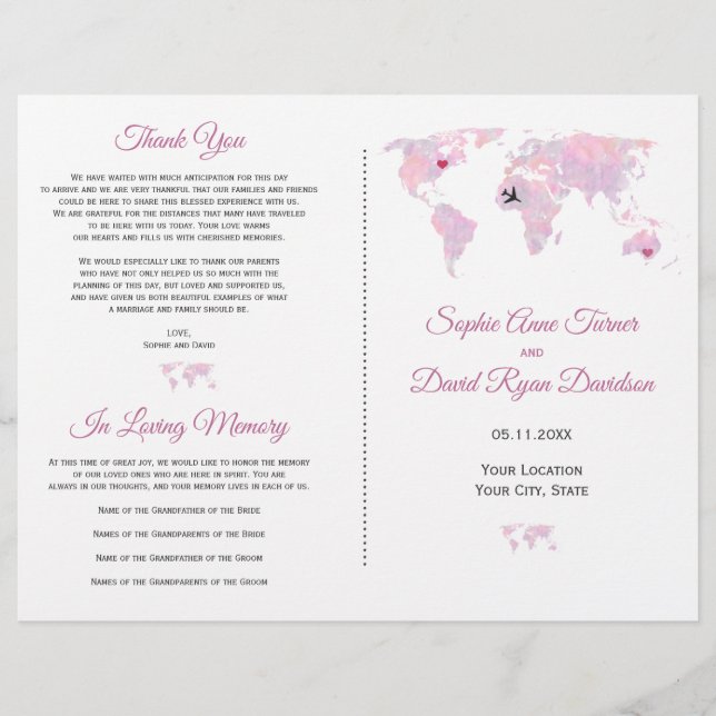 Programa de Boda de Mapa Mundial de Acuarela de De (Anverso)