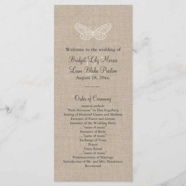 Programa de Boda de Mariposas de encaje en Burlap  (Anverso)
