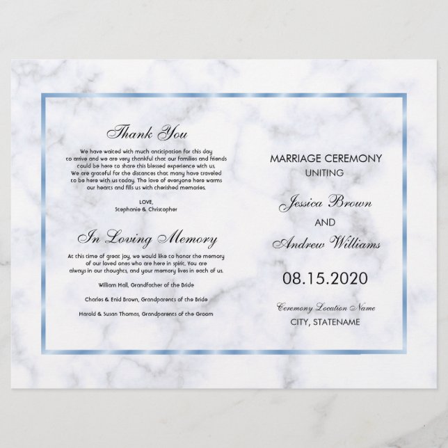 Programa de Boda de Mármol Azul Romántico (Anverso)
