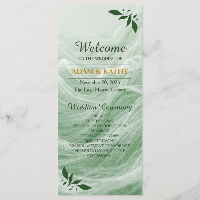 Programa de Boda de Mármol Verde Salvia y Oro (Anverso)